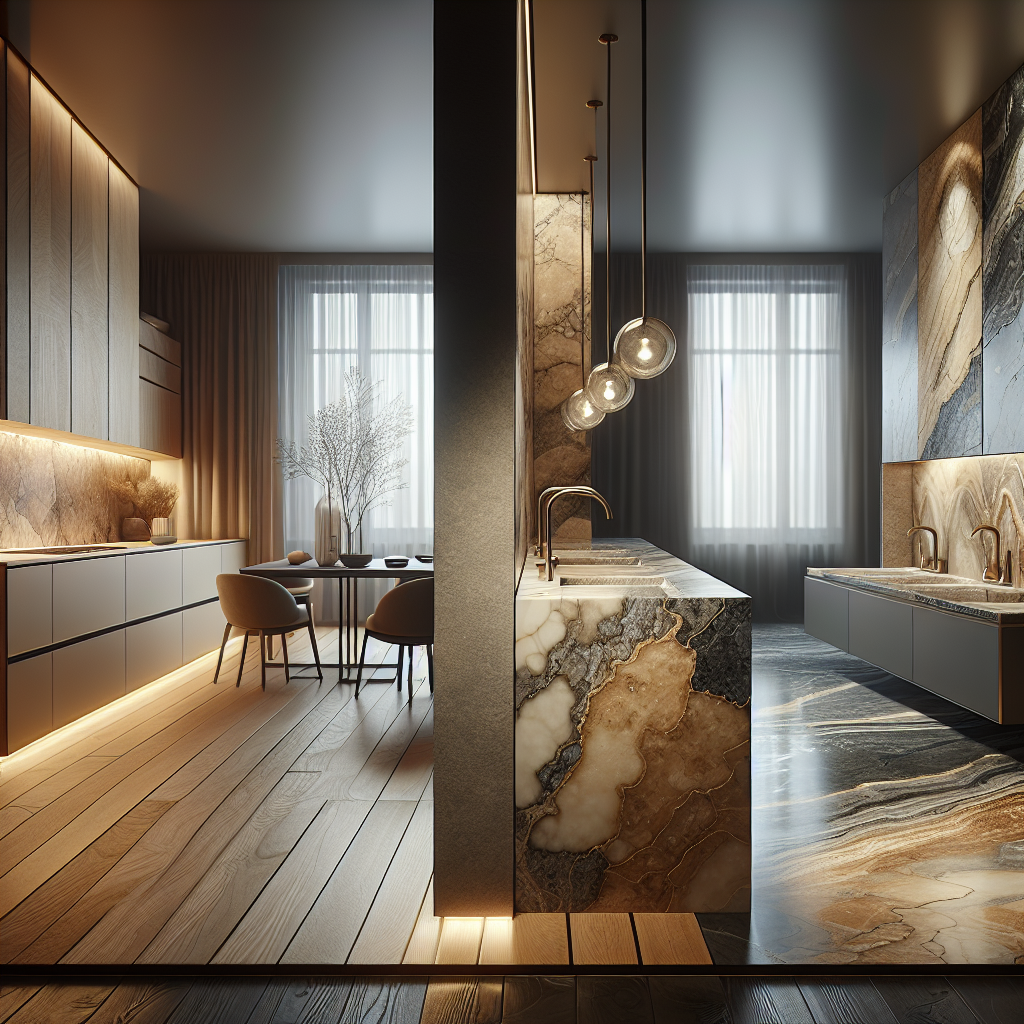 A kitchen with Gardenia Slabs and a bathroom with Dekton surfaces.