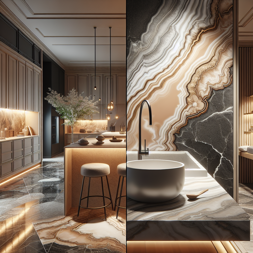 A beautiful kitchen featuring luxurious Gardenia Slabs on one side and durable Dekton surfaces on the other.