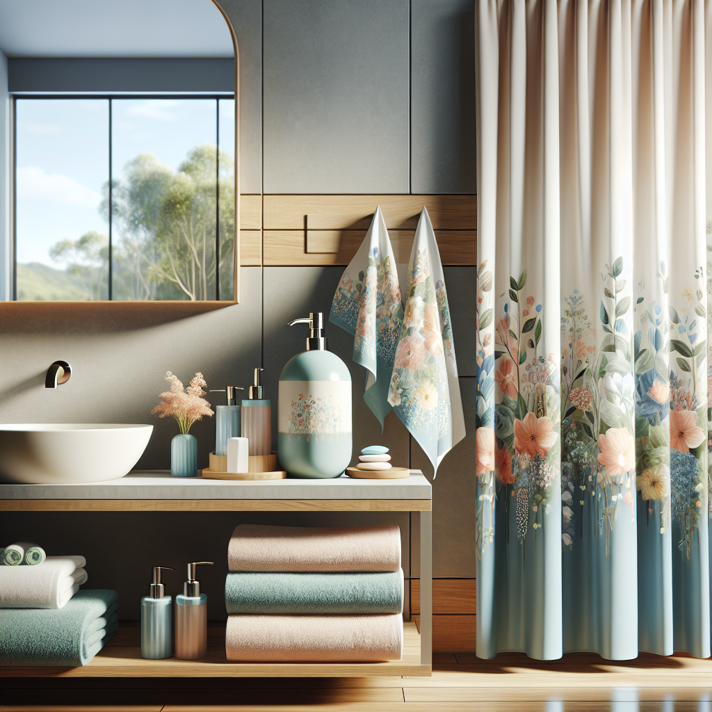 A modern bathroom featuring H&M products including towels, a shower curtain, and a soap dispenser.