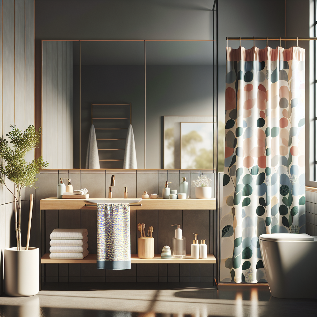 A modern H&M-inspired bathroom design featuring towels, a shower curtain, and eco-friendly accessories.