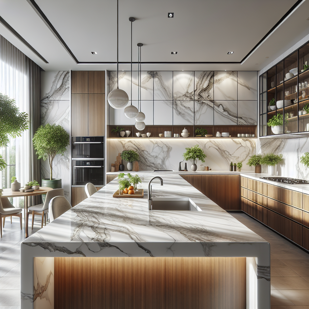 A stunning kitchen with porcelain countertops that mimic marble, featuring modern appliances and natural light.