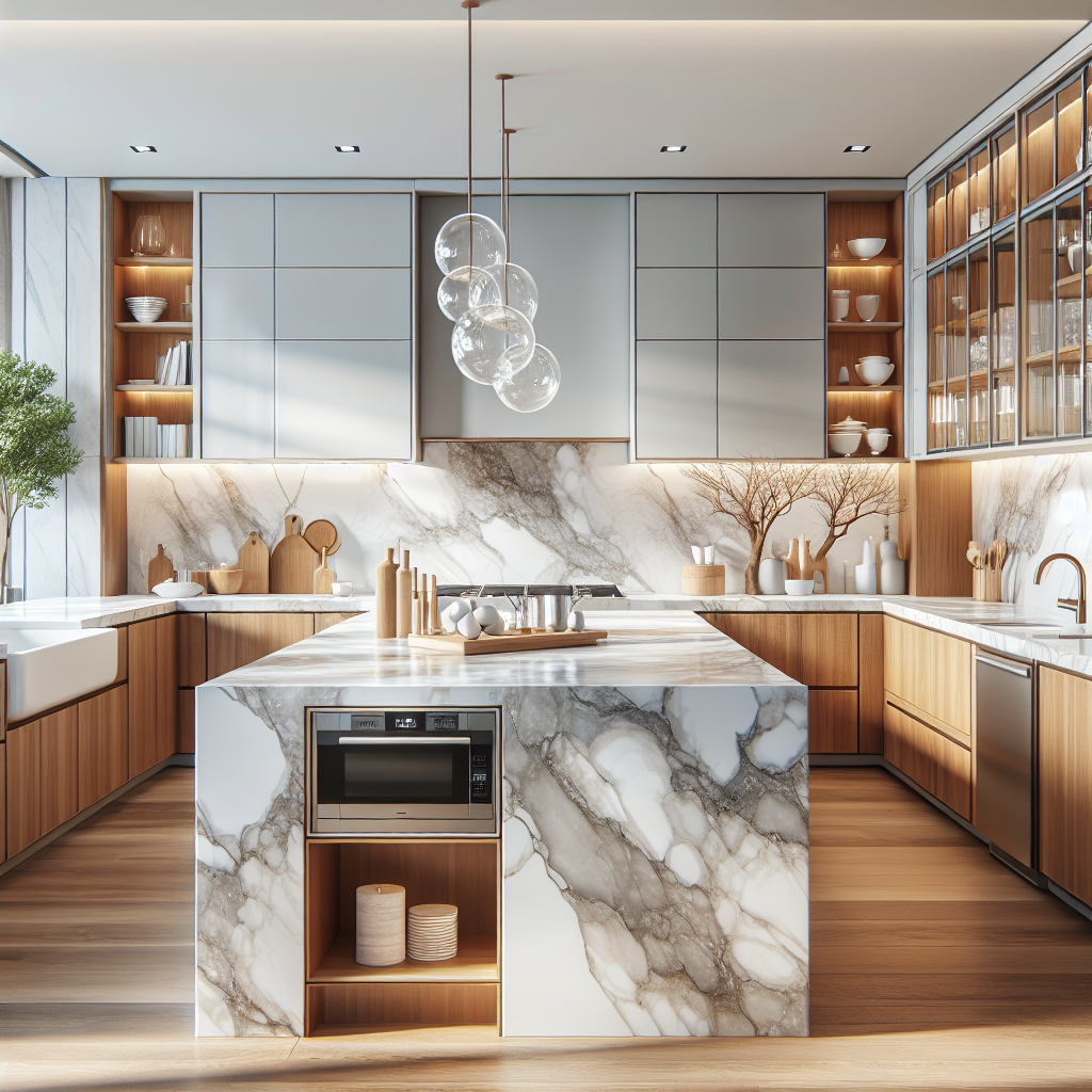 A modern kitchen with glossy white porcelain countertops and warm oak cabinets.