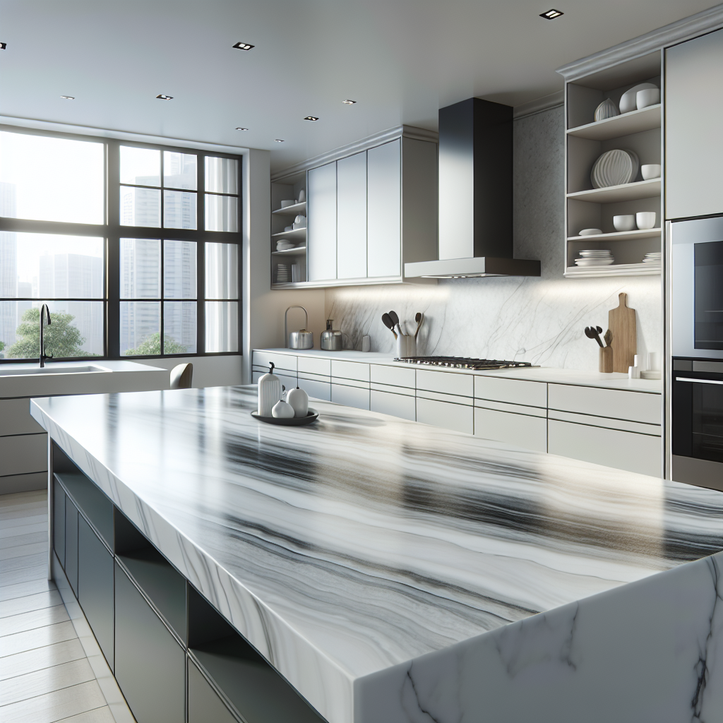 A modern kitchen showcasing beautiful porcelain countertops with a marble-like finish.