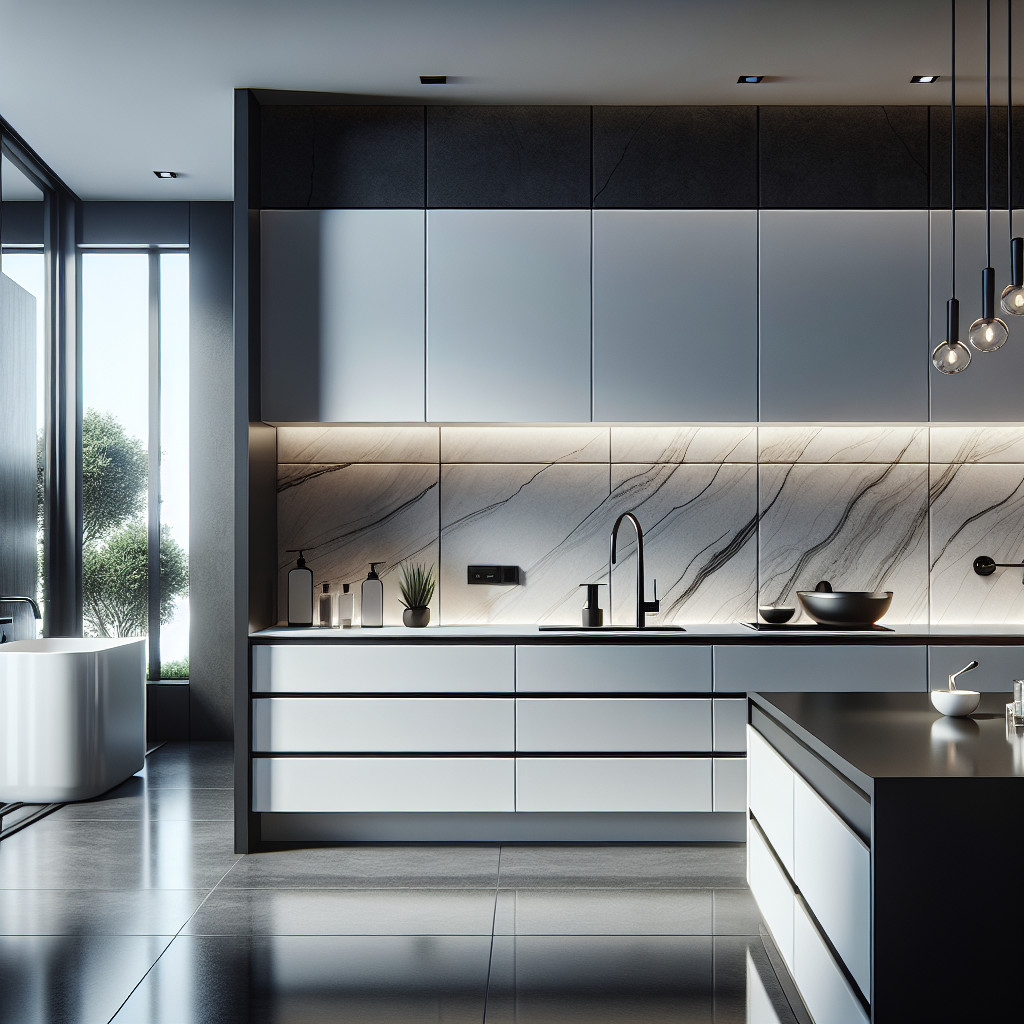 A modern kitchen showcasing Dekton and Kompacplus materials.