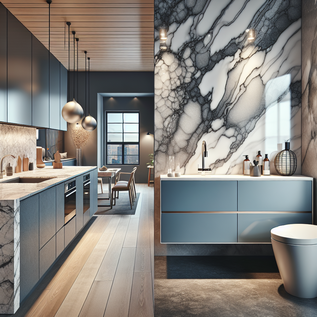 A modern kitchen with Dekton and Kompacplus materials displayed on the countertop and vanity.