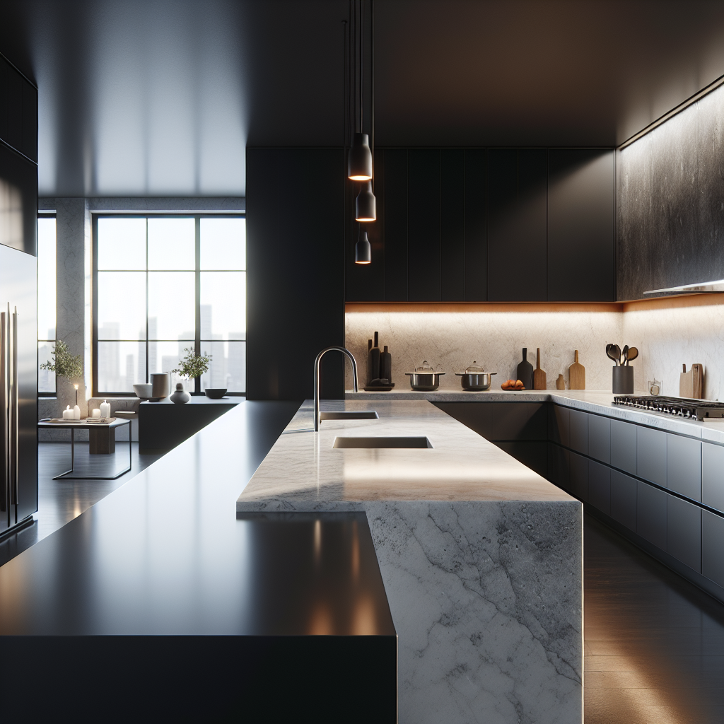A modern kitchen showcasing Dekton and Kompacplus surfaces.
