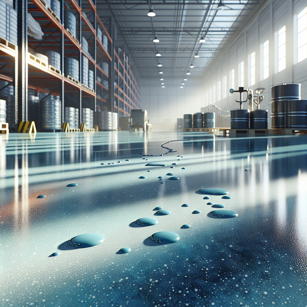 A realistic depiction of a commercial warehouse floor with a smooth, glossy epoxy coating.