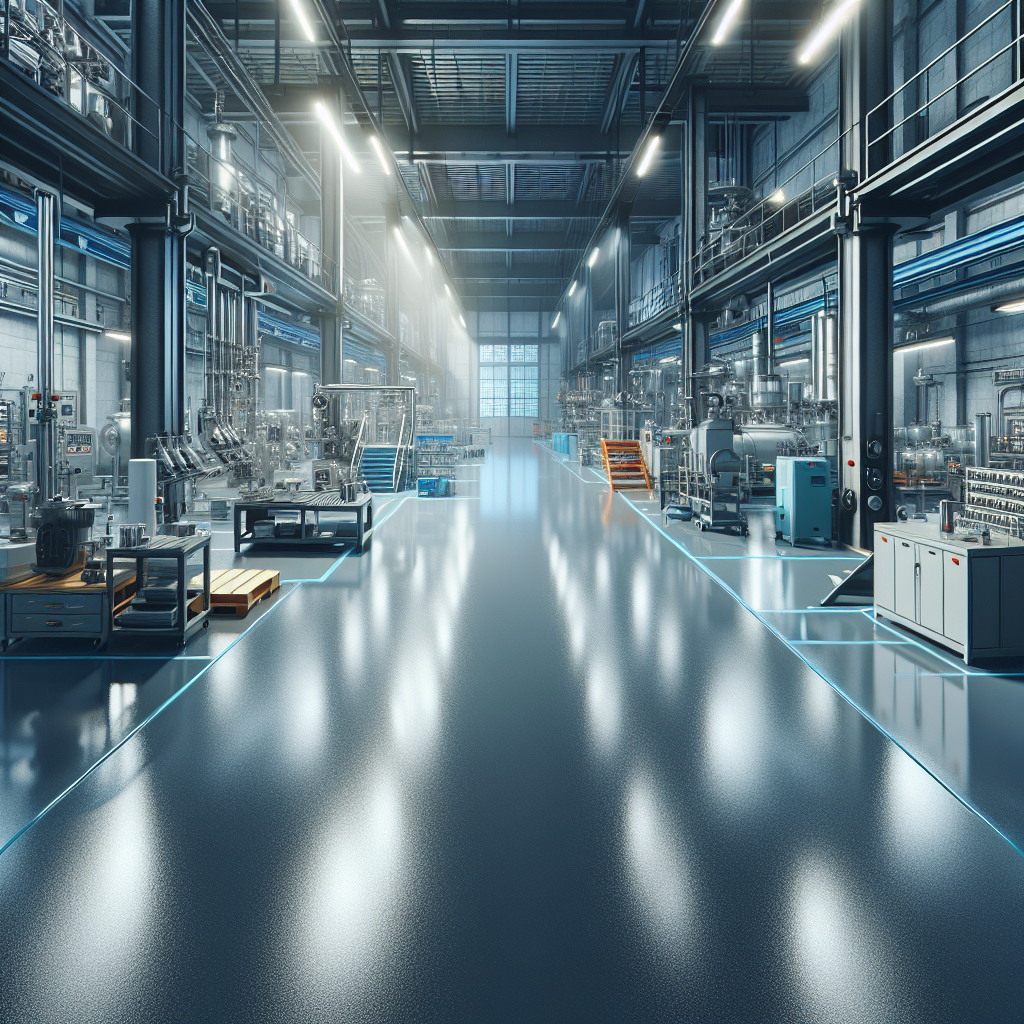 An industrial setting with a seamless shiny epoxy floor coating, showcasing tools and machinery.