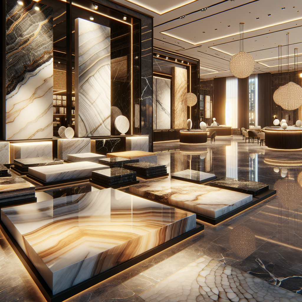 A variety of premium stone surfaces displayed in a luxurious showroom.
