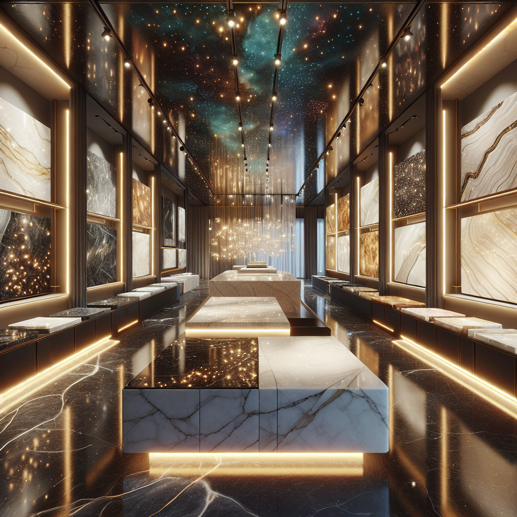 A luxurious stone slab showroom featuring various materials like marble, granite, quartz, and onyx.