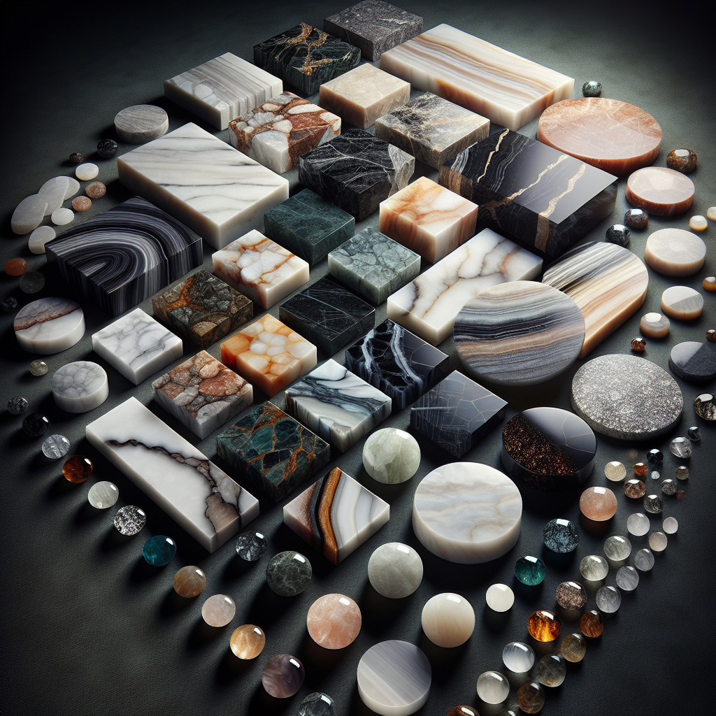 A collection of premium stone surfaces including marble, granite, onyx, and quartz arranged elegantly.