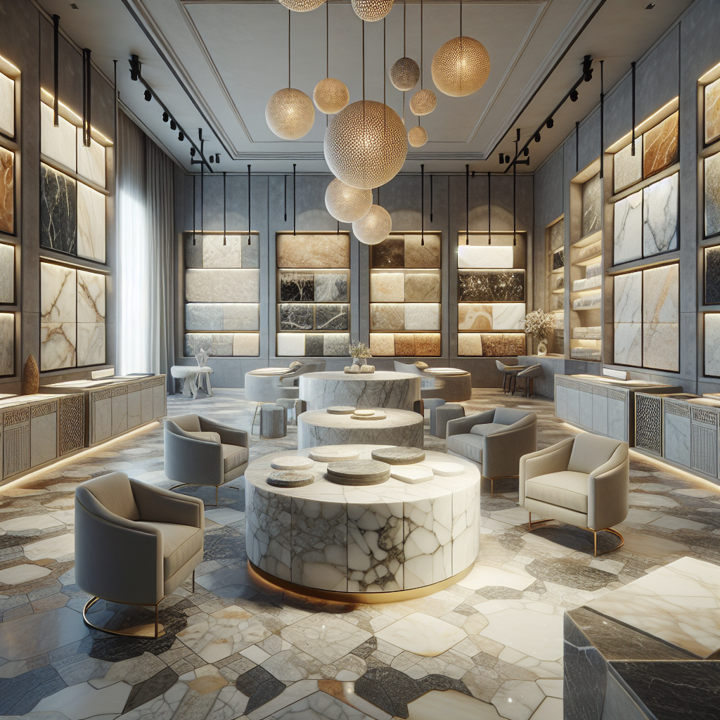 High-end showroom displaying a variety of premium stone slabs.