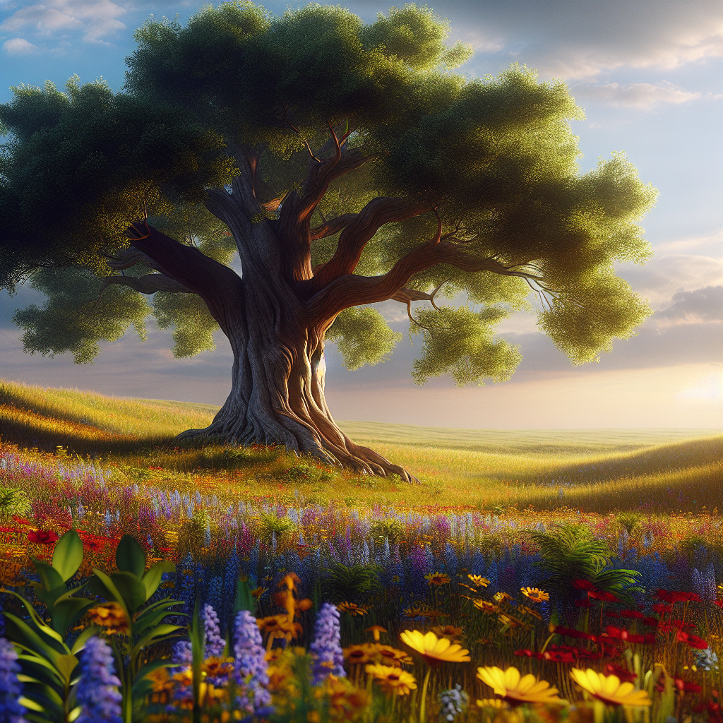 A serene landscape with a large tree providing shade, surrounded by a meadow of colorful wildflowers under a blue sky.