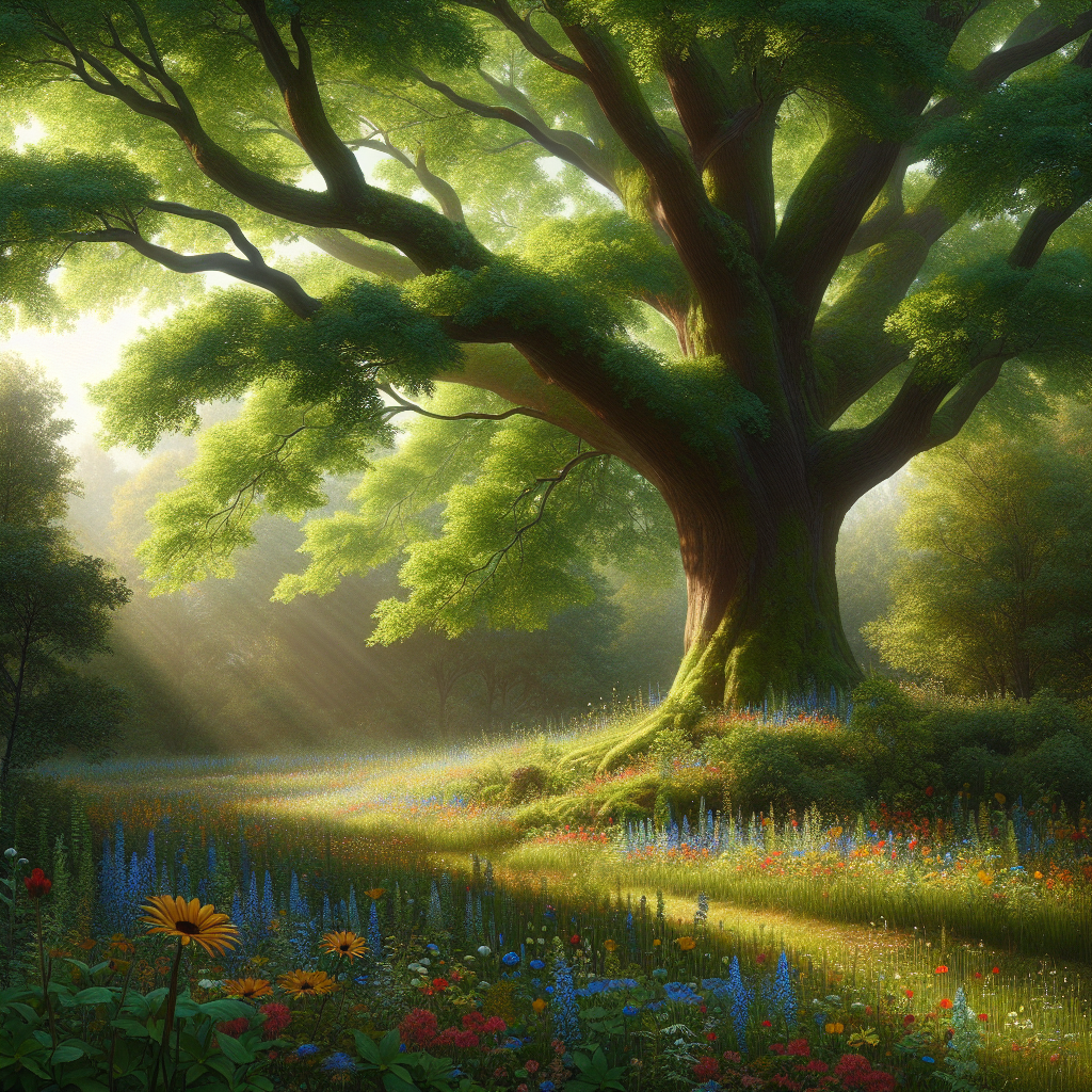 A serene landscape with a large tree casting shade over a bed of colorful wildflowers.