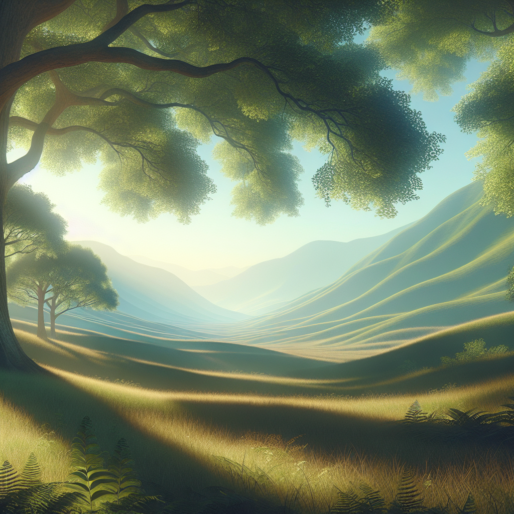 A tranquil natural landscape with lush trees and soft sunlight.