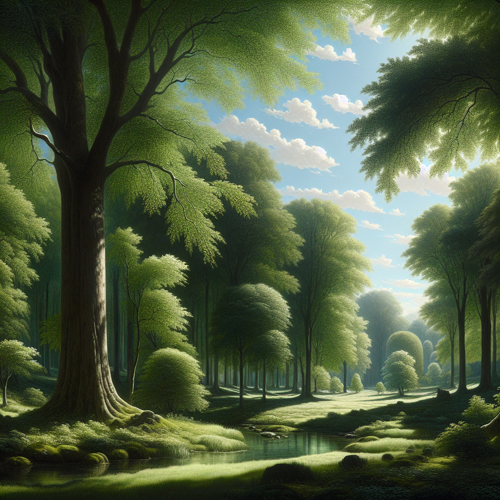 A serene outdoor scene with tall trees, a gentle stream, and a clear blue sky.