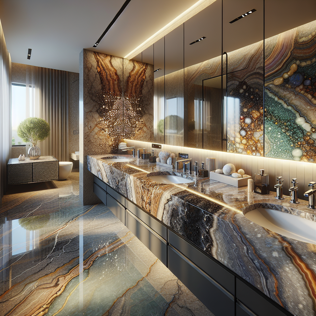 A variety of bathroom vanity tops made from granite, quartz, marble, porcelain, and onyx in a modern bathroom setting.