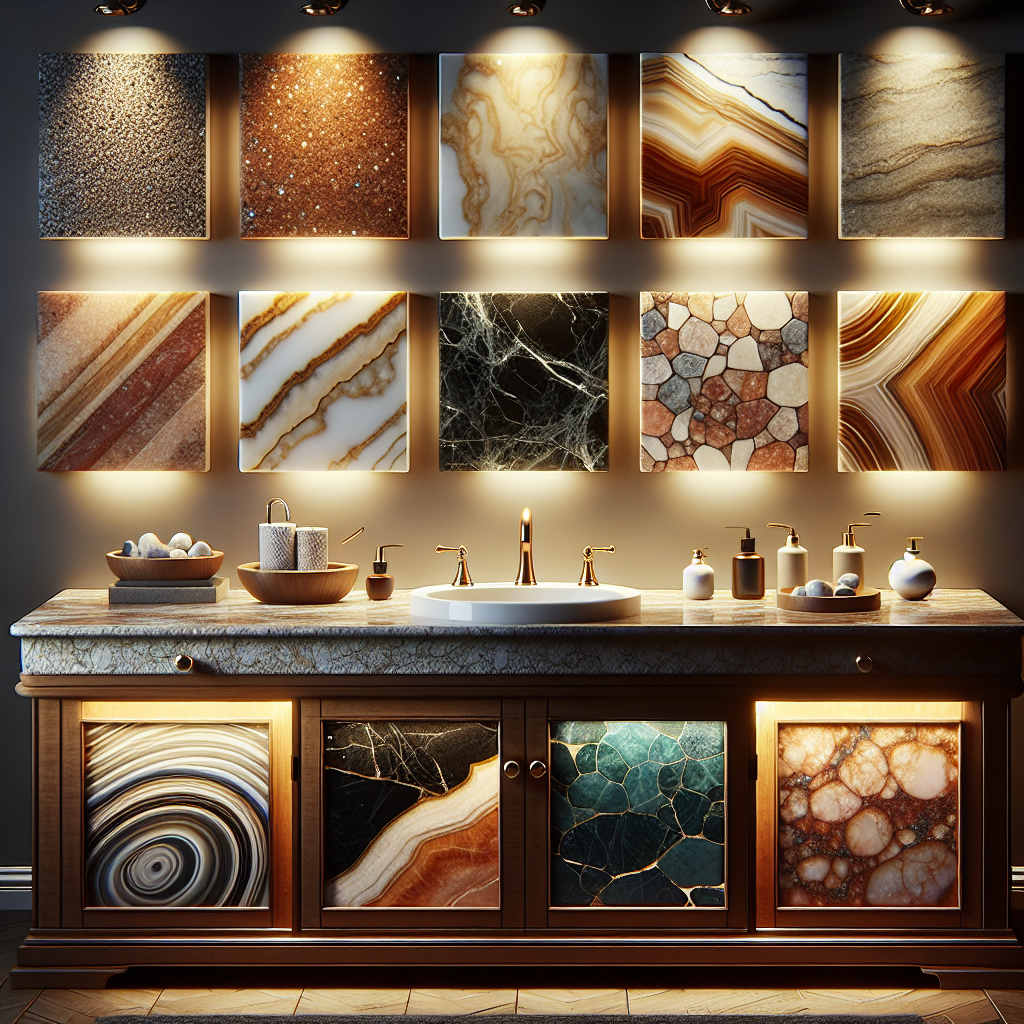 A collage of various bathroom vanity top materials including granite, quartz, marble, porcelain, and onyx.