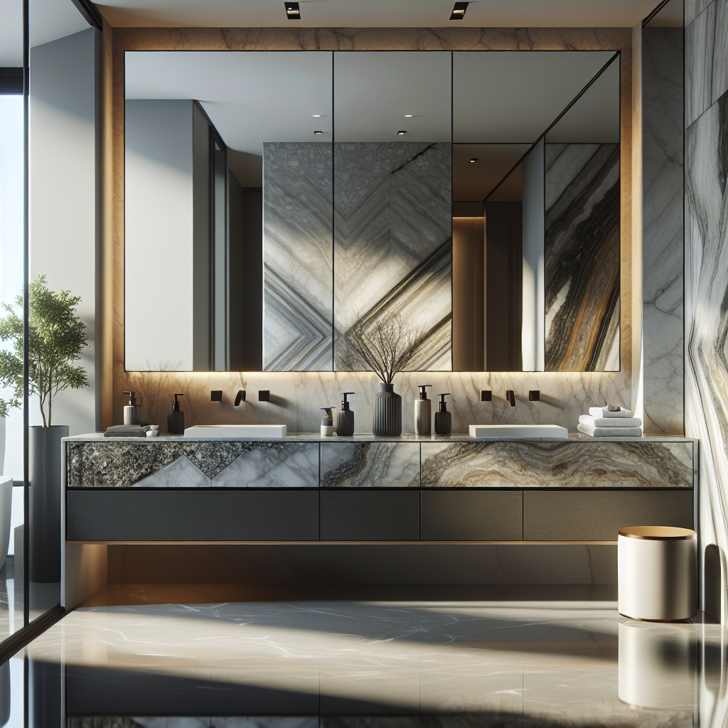 Various bathroom vanity tops made from granite, quartz, marble, porcelain, and onyx in a modern bathroom setting.