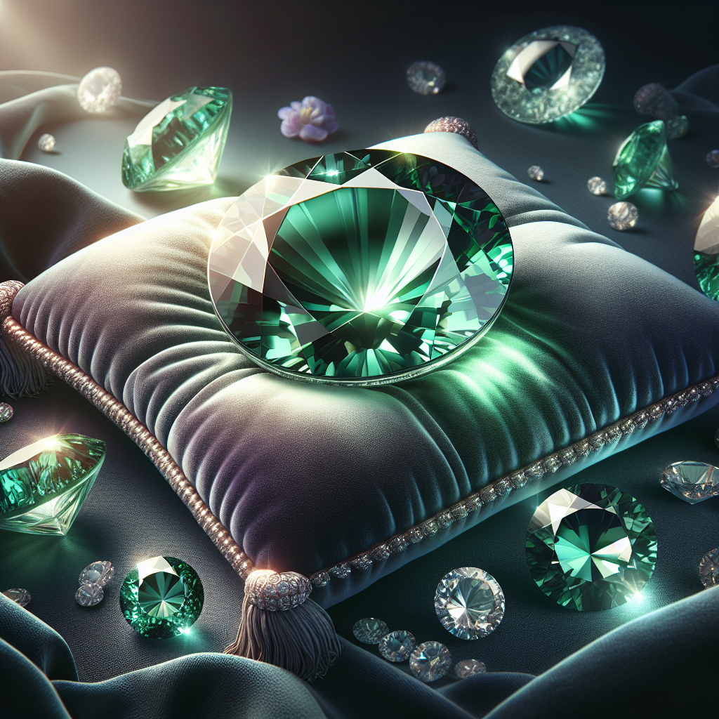 A vibrant green Panna stone displayed on velvet fabric, showcasing its beauty and clarity.