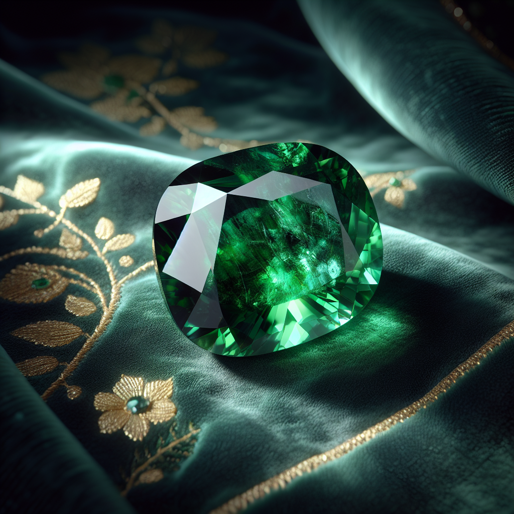 A close-up view of a vivid green Panna stone on a dark velvet background.
