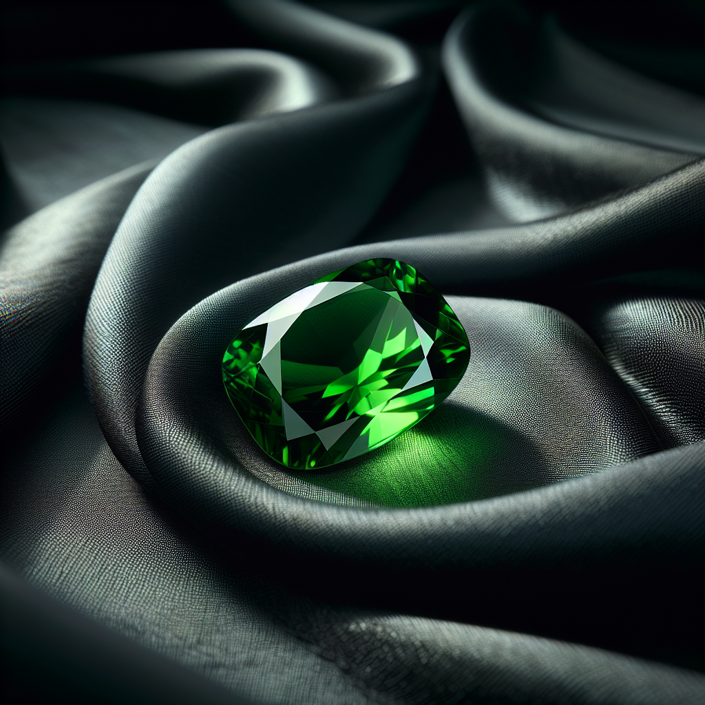 A vibrant green Panna stone on black satin fabric.