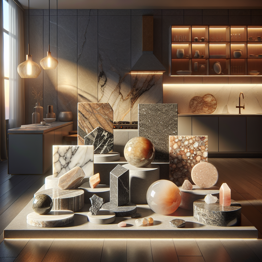 A collection of various stone materials like marble, granite, and quartz displayed on a kitchen countertop.