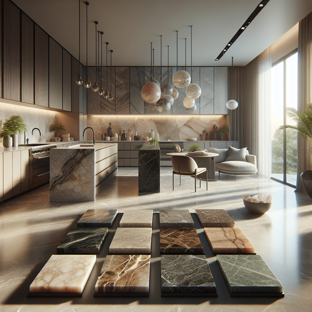 A modern kitchen and bathroom showcasing various premium stone materials from the Z Collection.