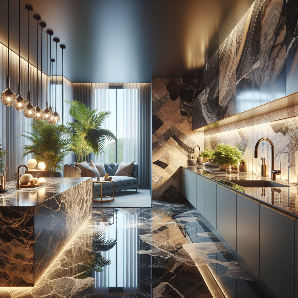 A modern kitchen and bathroom featuring a variety of luxurious stone countertops.