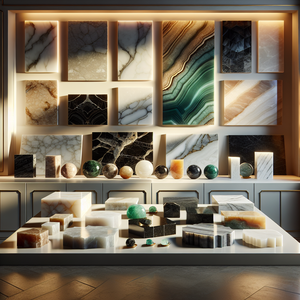 A luxurious display of various premium stone materials including marble, granite, onyx, porcelain, quartz, and semi-precious stones.