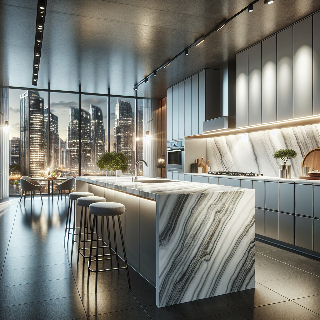 A modern kitchen with Hanstone Quartz countertops and a view of Singapore.