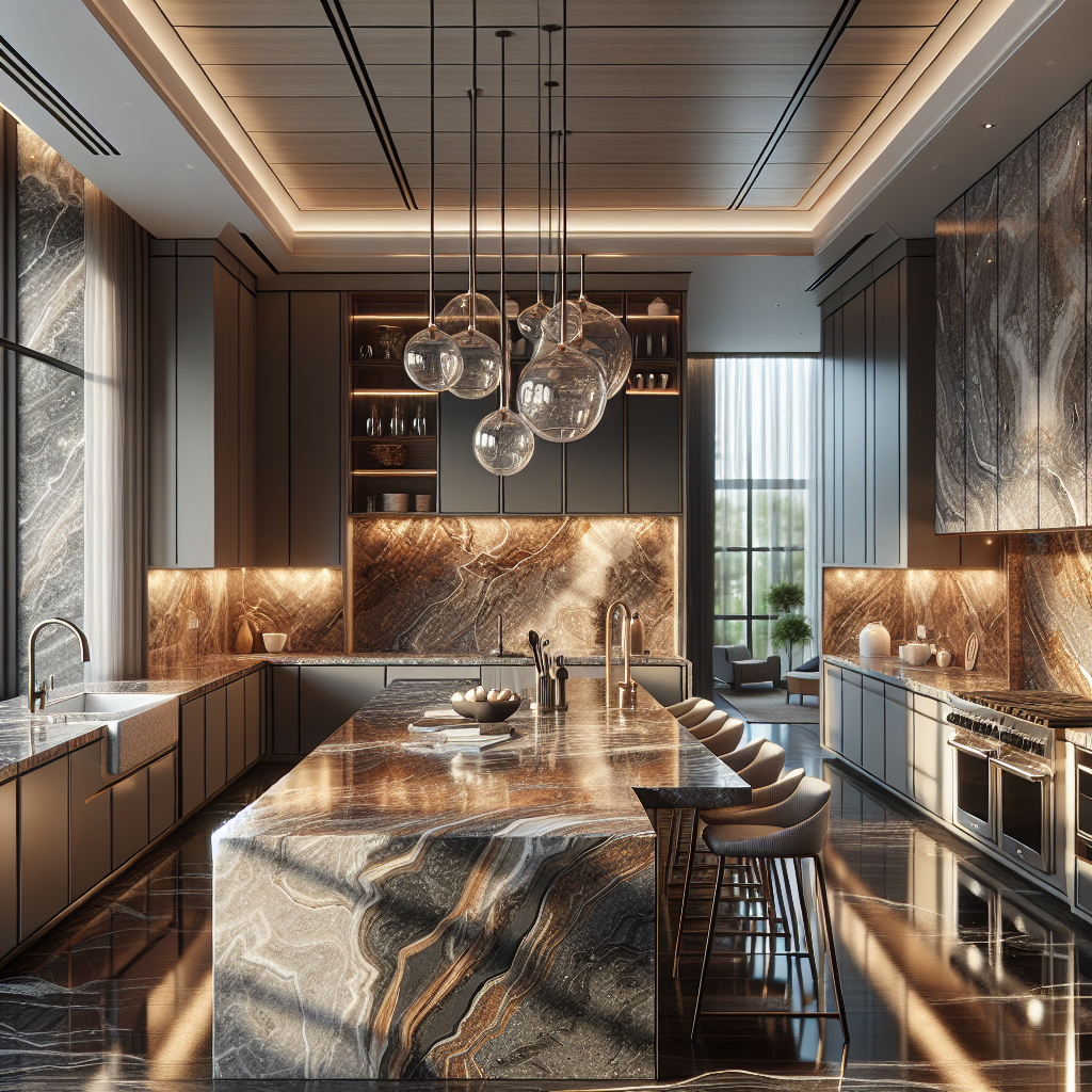 A luxurious kitchen interior showcasing Hanstone quartz countertops with modern appliances.