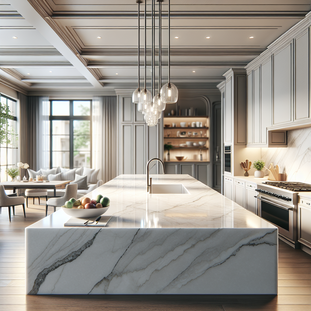 A luxurious kitchen with a Hanstone Quartz countertop.