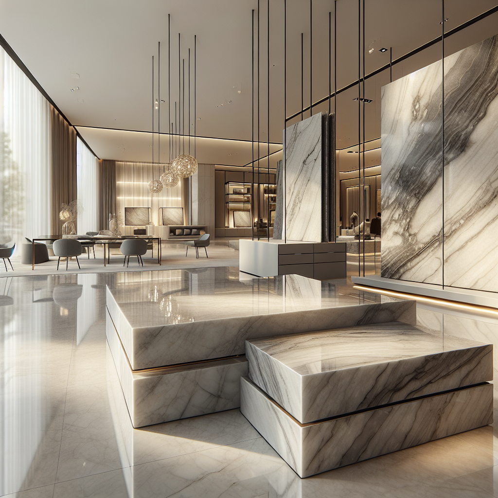 Luxurious Florim Stone slabs displayed in a refined showroom setting.