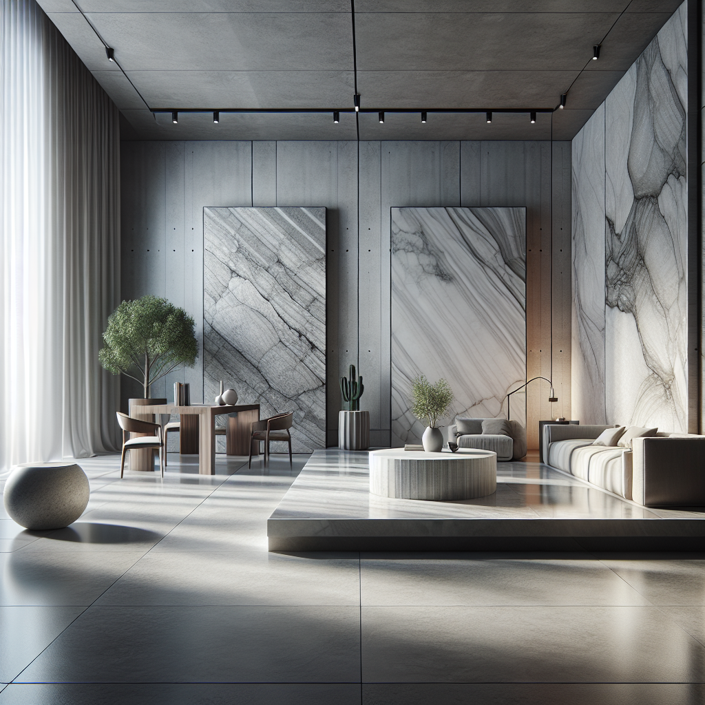 Florim Stone slabs showcased in a modern indoor setting.