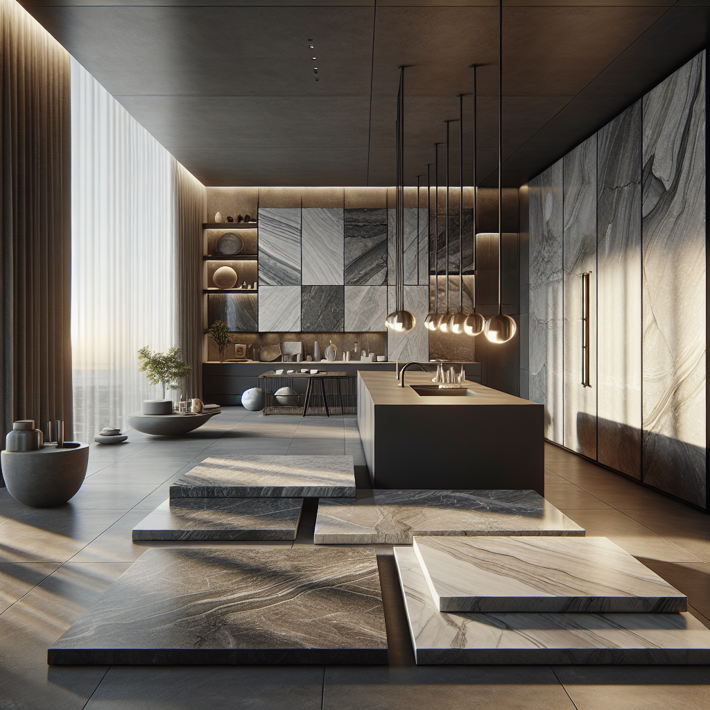 Florim Stone slabs arranged in a modern kitchen interior.