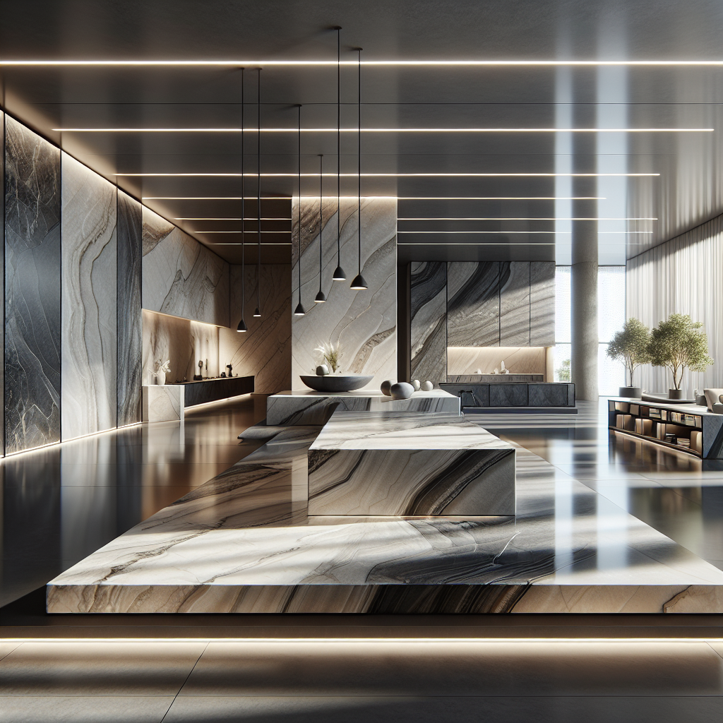 Realistic depiction of Florim Stone slabs in a modern interior setting.