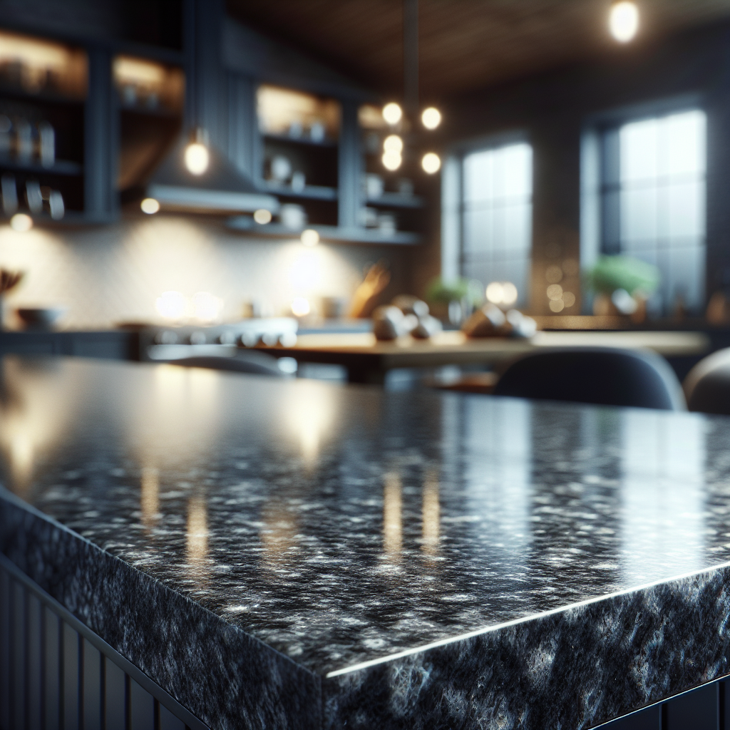 A polished slab of granite with subtle gray and white flecks in a kitchen setting.