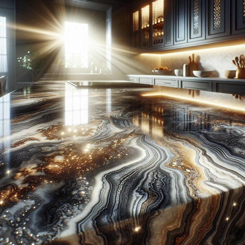 A polished granite countertop with unique patterns and colors in a stylish kitchen.