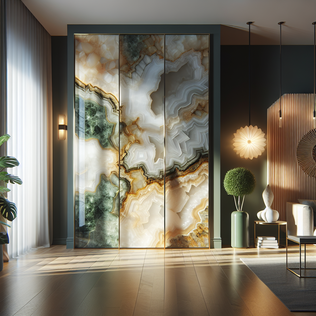 An elegant onyx screen in a modern interior with warm lighting.