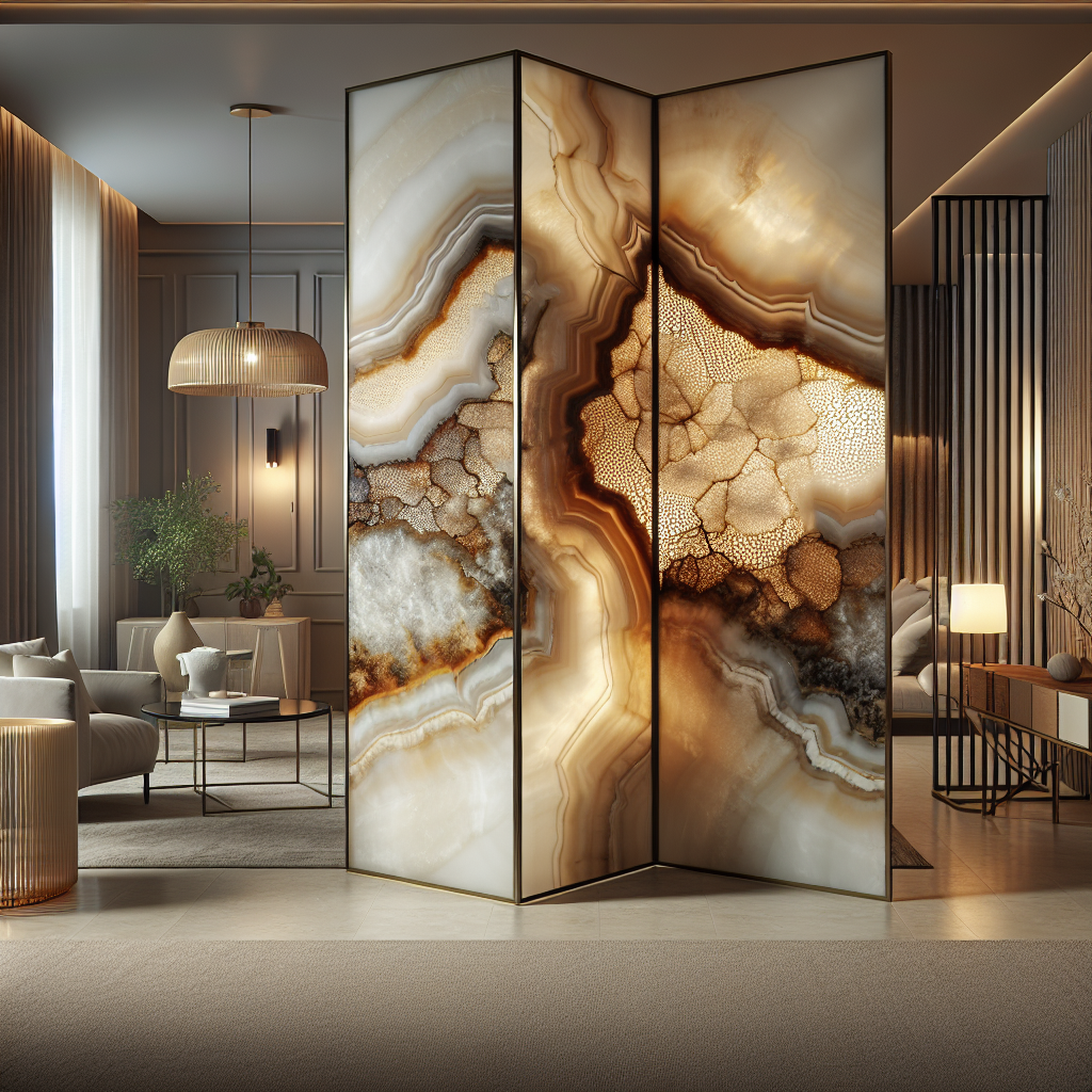 A translucent onyx screen serving as a decorative partition in a modern interior, glowing softly with rich colors.