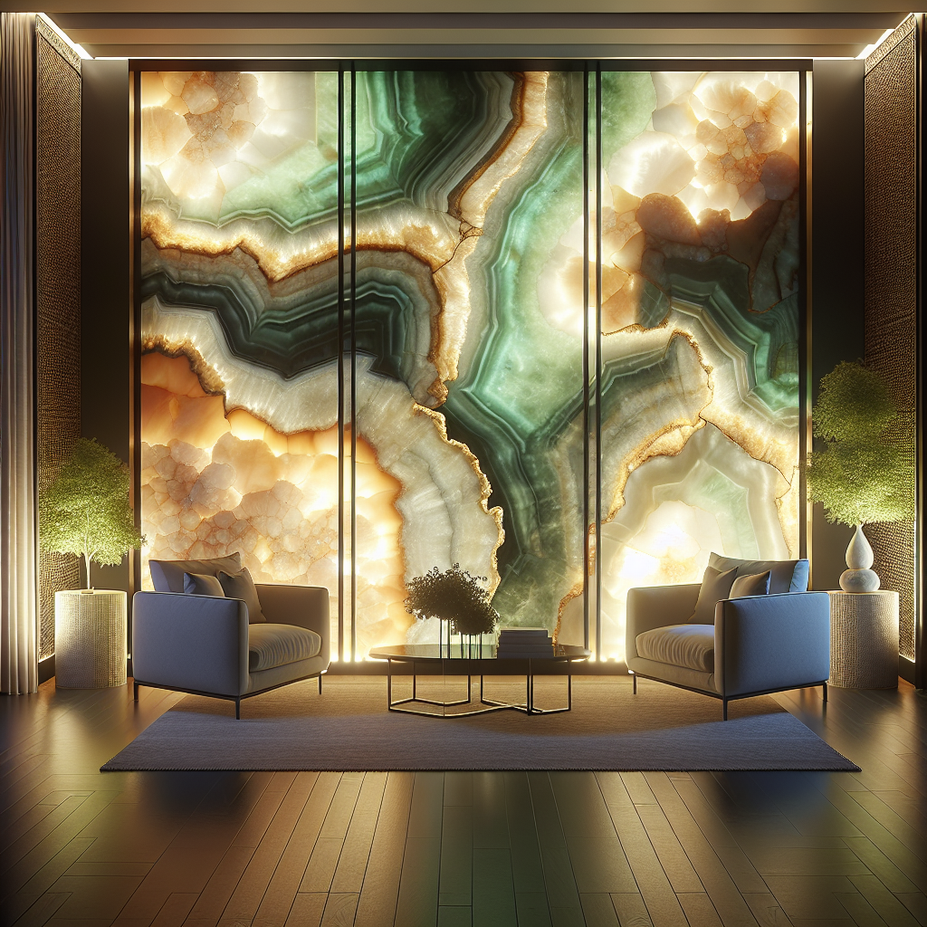 An elegant onyx screen illuminated from behind in a modern interior setting.