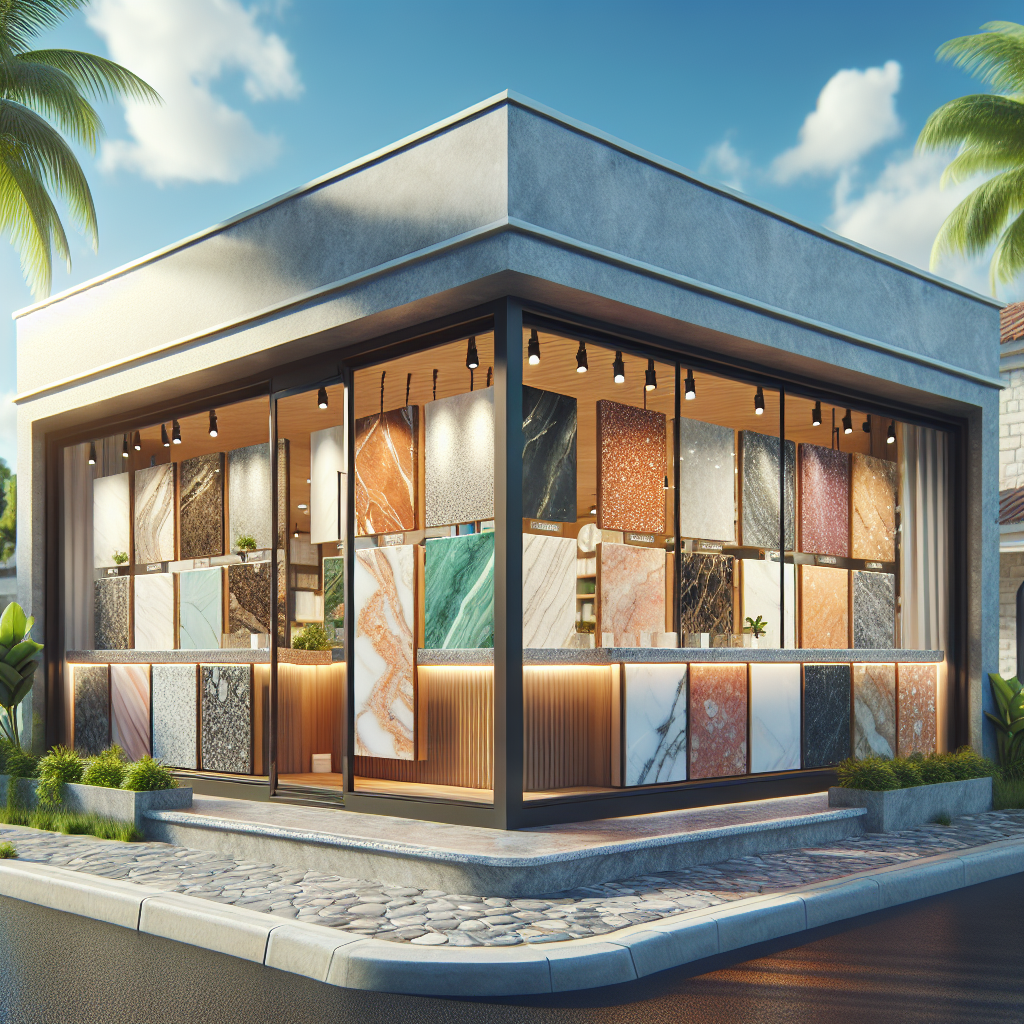 A local quartz countertops shop in Florida with a variety of quartz slabs displayed.