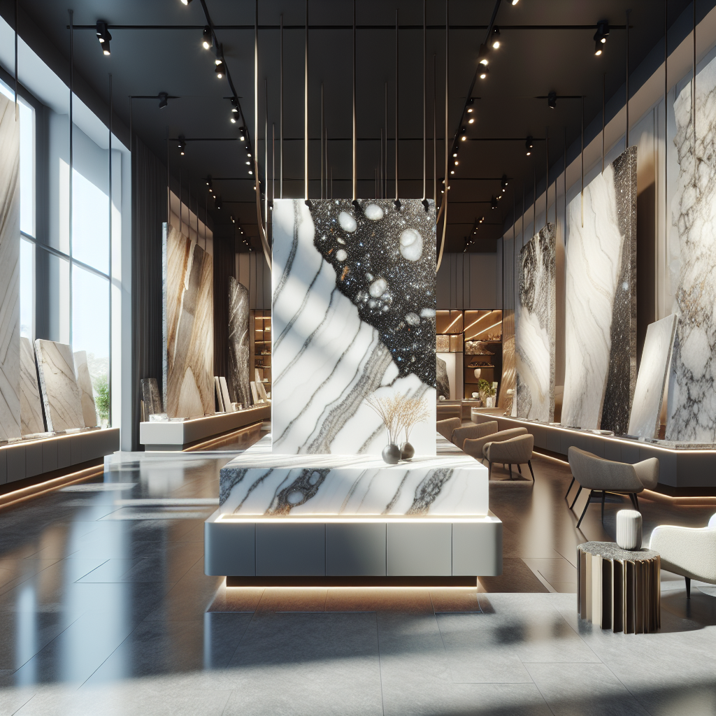 A modern quartz countertops showroom with various quartz slabs displayed.