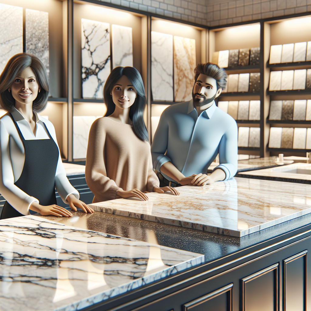 An interior of a quartz countertop shop with a salesperson assisting customers.