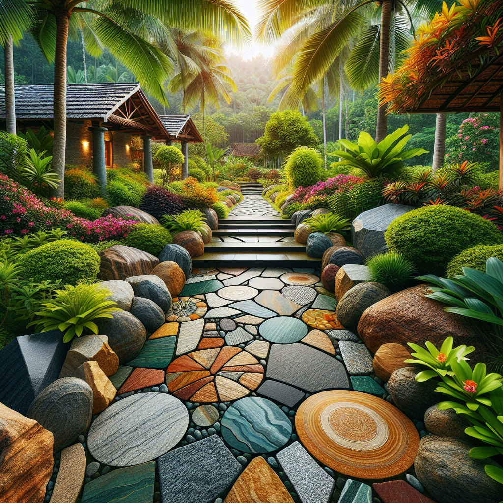 An outdoor space with landscape natural stone paving surrounded by greenery and flowers.