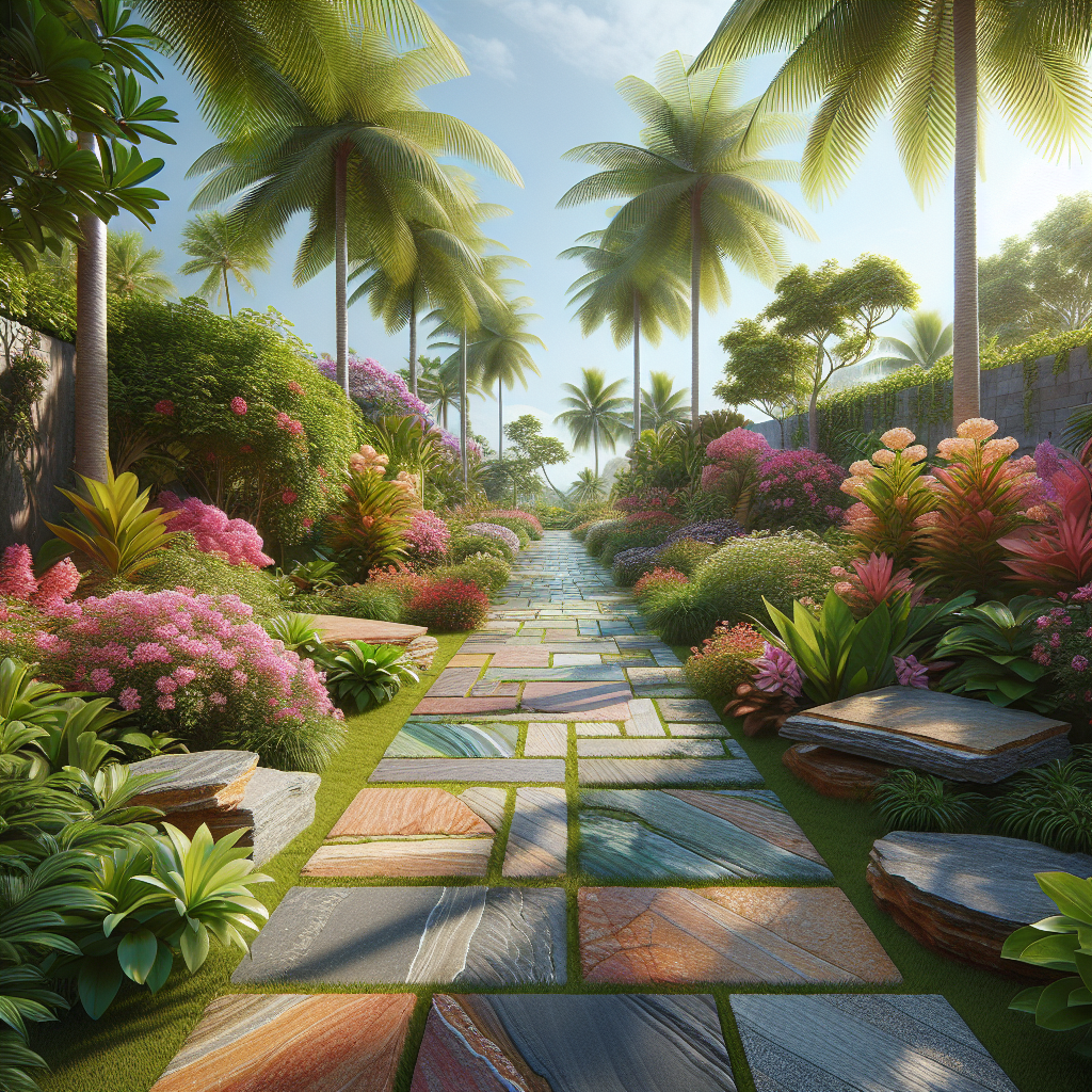 An outdoor landscape with natural stone paving surrounded by greenery in Kerala.