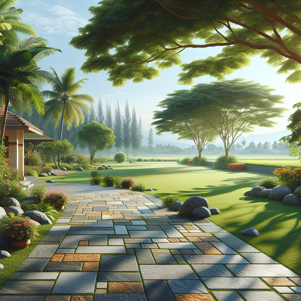 A serene outdoor space with natural stone paving surrounded by greenery and flowers.