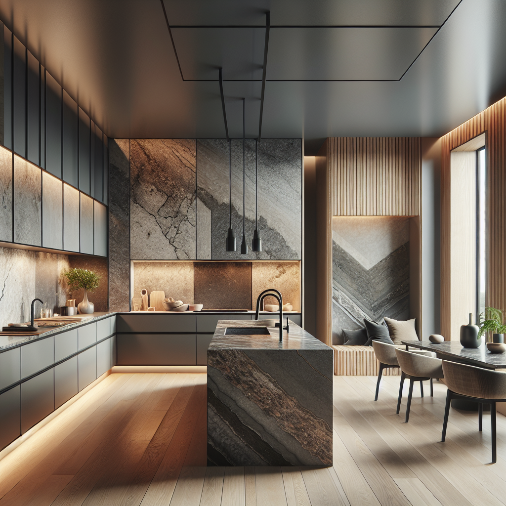 A modern kitchen and living space featuring Dekton countertops and Vulcan stone accent walls.