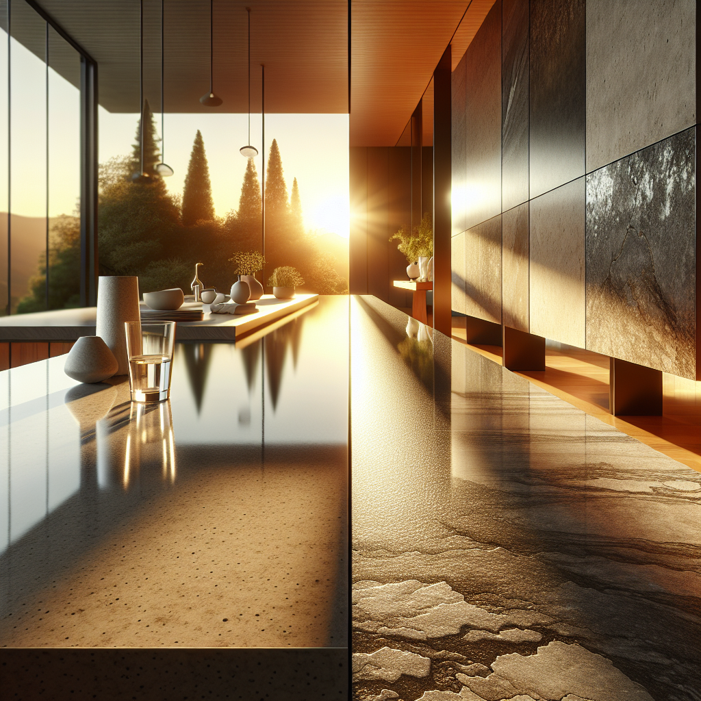 A comparison of Dekton and Vulcan surface materials in a modern kitchen setting.